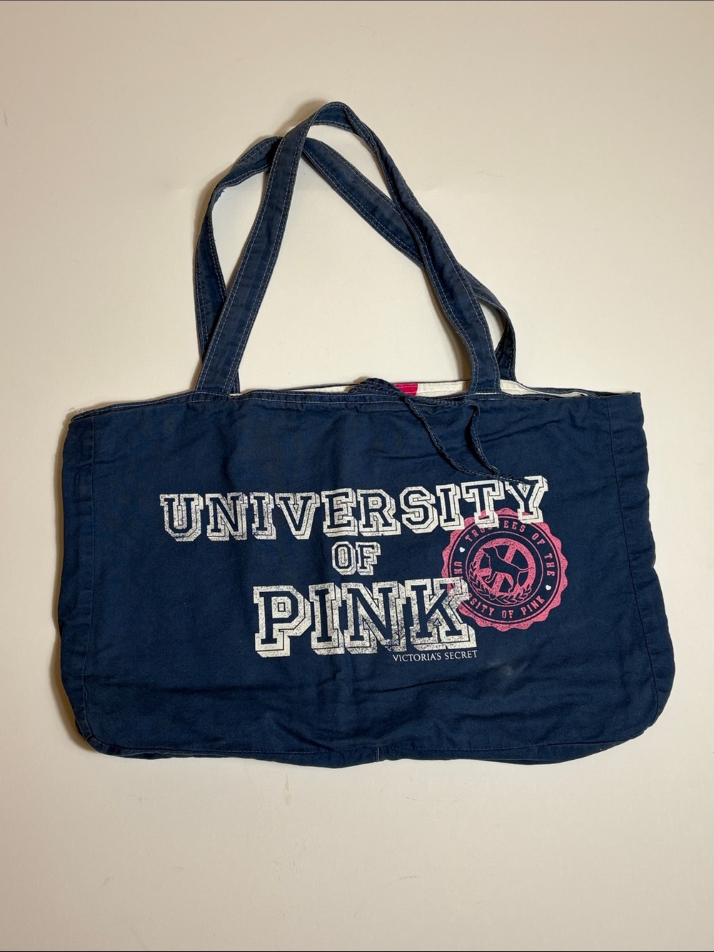 Victoria’s Secret PINK University of Pink Canvas Tote Bag Navy Pink Polka Dot